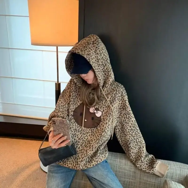 

Худи унисекс Y2K Sanrio с леопардовым принтом и капюшоном, флисовая, повседневная, осенне-зимняя, новая, в стиле ретро, с принтом кота, свободная, модная, универсальная