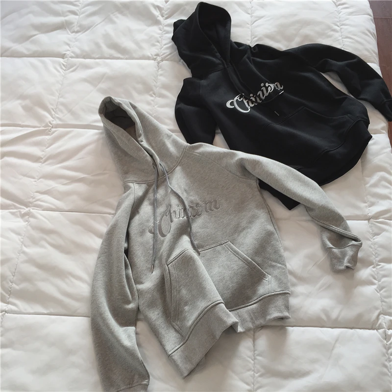 Autumn Sweater Hoodie/Grey/Black Letter Embroidered Plush Hoodie Coat Streetwear Women