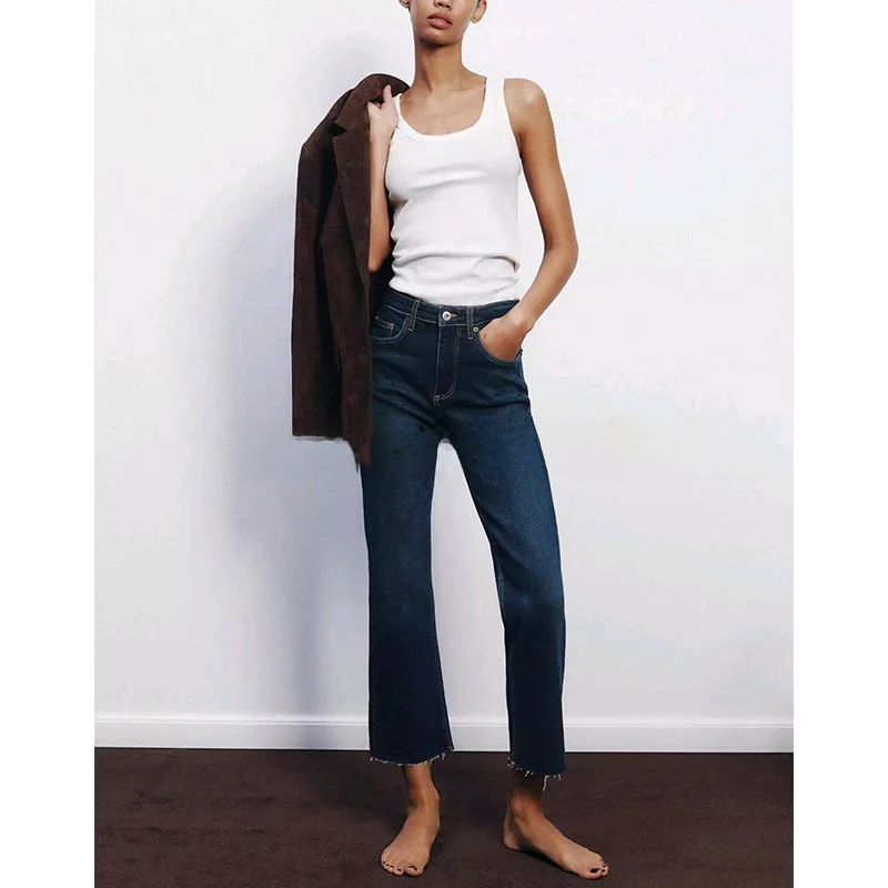 

High Waist Bell Bot Denim Jeans Women's Casual Sle Metal Button Five ket Ankle Length Zipper Closure Summer Jeans