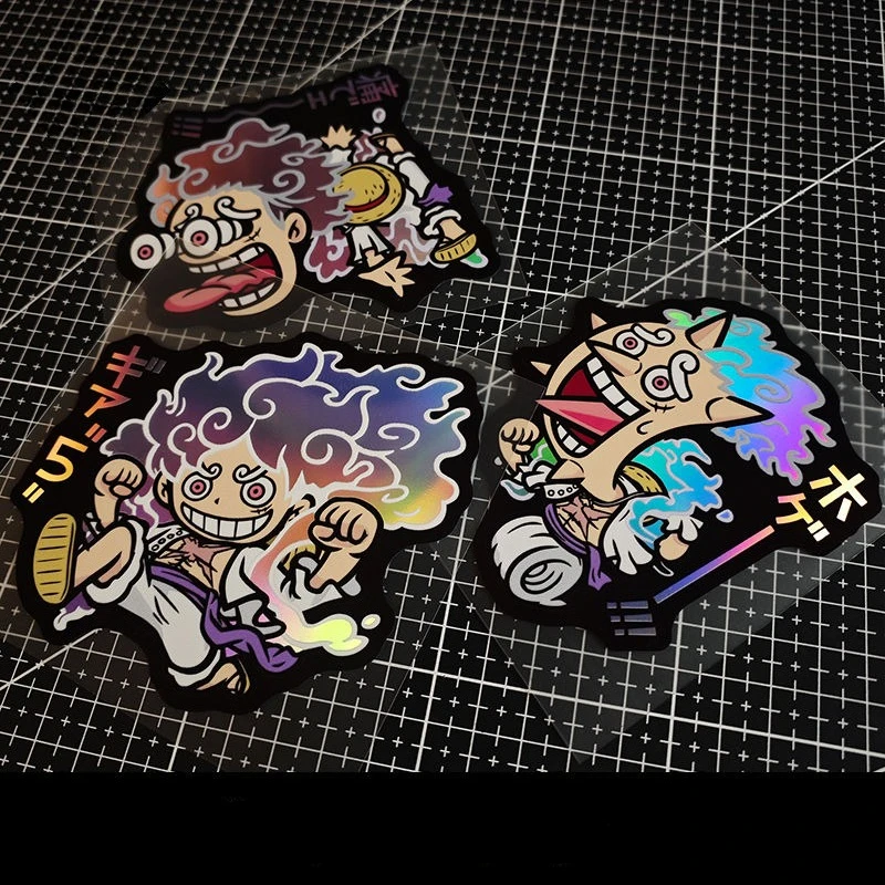 

One Piece Laser Reflection Sticker Luffy Anime Action Figure Cartoon Waterproof Graffiti Decoration Sticker for Car Phone Laptop