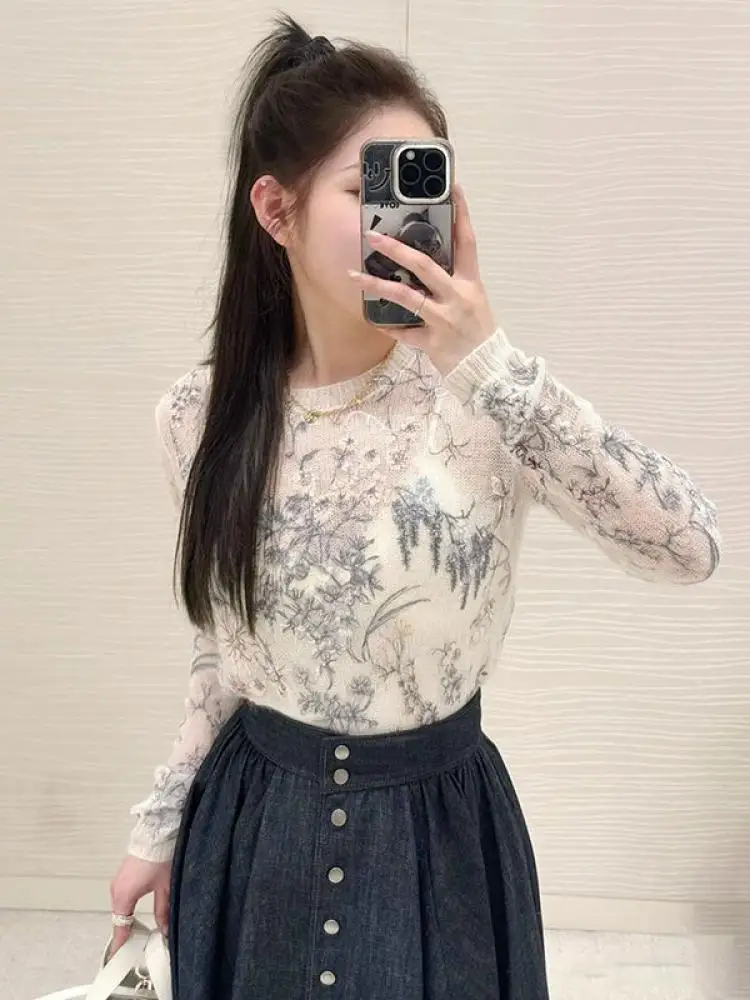 

2025 New Heavy Industry Color Flower Embroidered Perspective Mhair Long Sleeve Sweater Top Women's Jacket