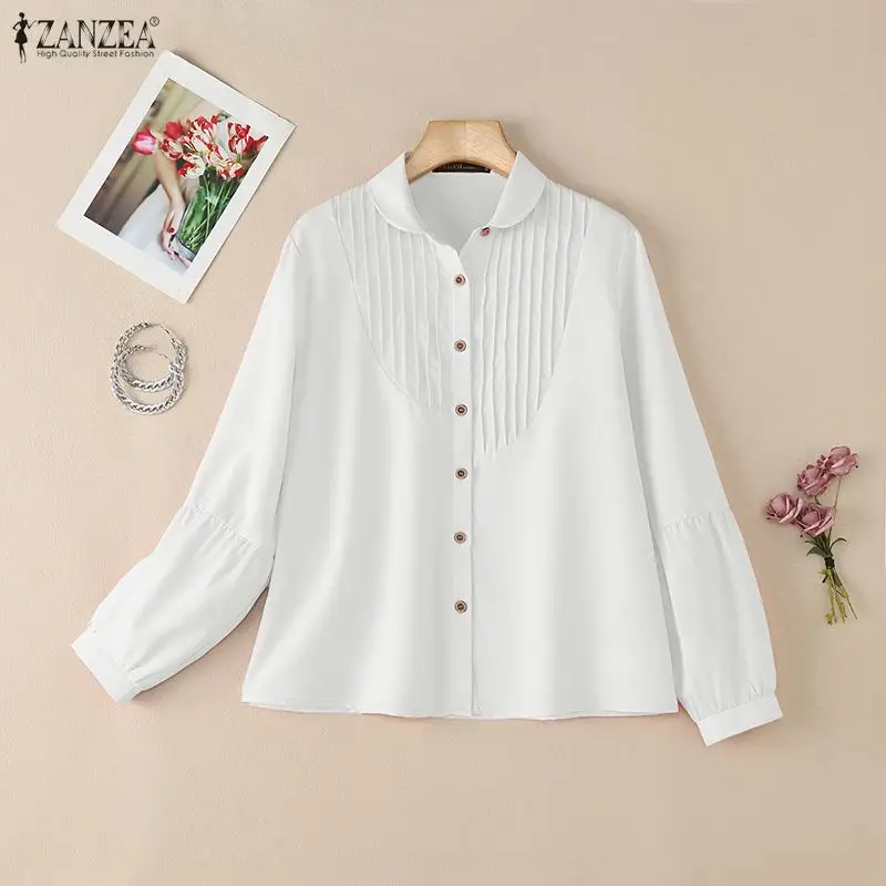 

2025 ZANZEA Spring Shirt Women Elegant Office Work Blouse Lapel Neck Long Lantern Sleeve Tops Casual Solid Buttons Blusas Mujer