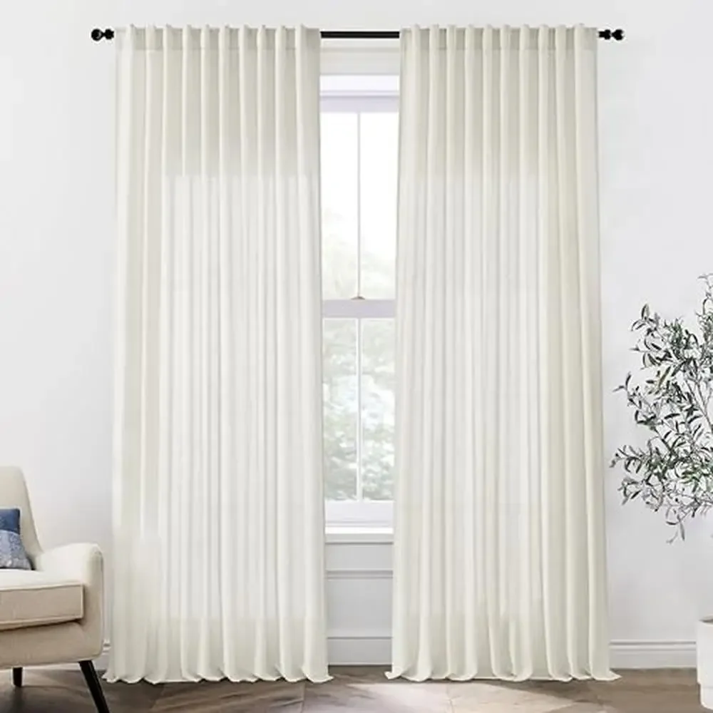 Extra Wide Pleated Back Tab Linen Semi Sheer Curtains Living Room Sliding Glass 70