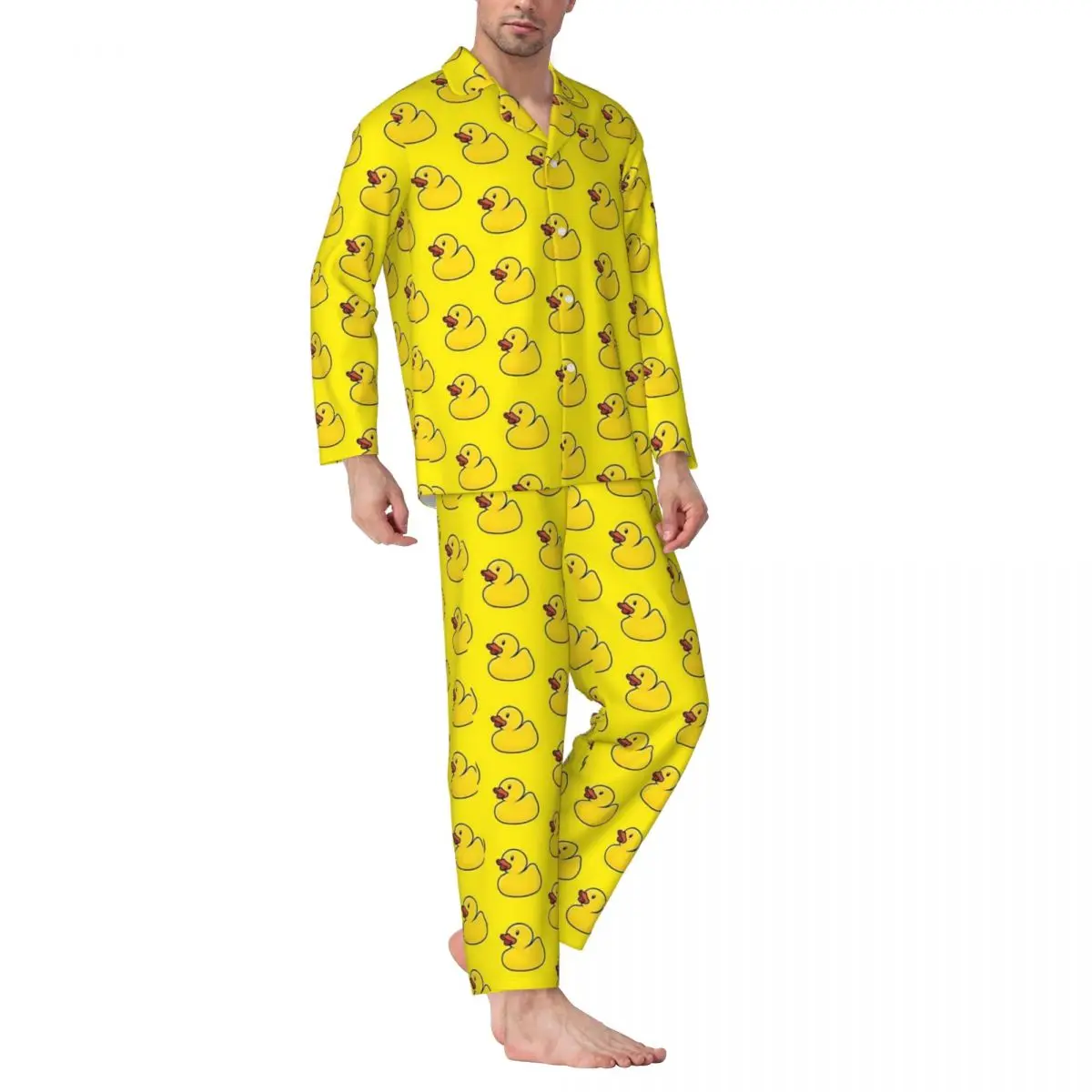 Rubber Ducks In Yellow Pajamas Mens Trendy Night Sleepwear Autumn 2 Pieces Aesthetic Oversized Design Pajama Sets