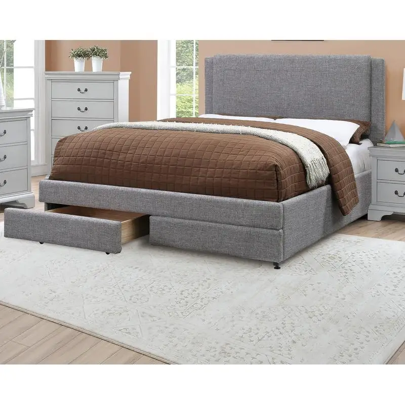 Contemporary Upholstered Full Size Bed with Storage Drawers - Light Gray Fabric Bed Set for Bedroom Furniture