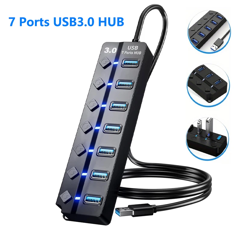 USB HUB 4/7 Ports USB 3.0 Cable Splitter With Power Switch 1 in 7 Out USB Extend Adapter Data Transmission Phone Charging Dock
