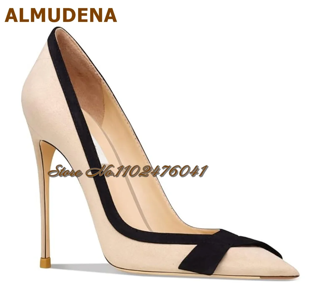 Almudena bege salto stiletto vestido sapatos preto borboleta-nó retalhos elegante bombas de noite dedo do pé apontado saltos rasos 12cm