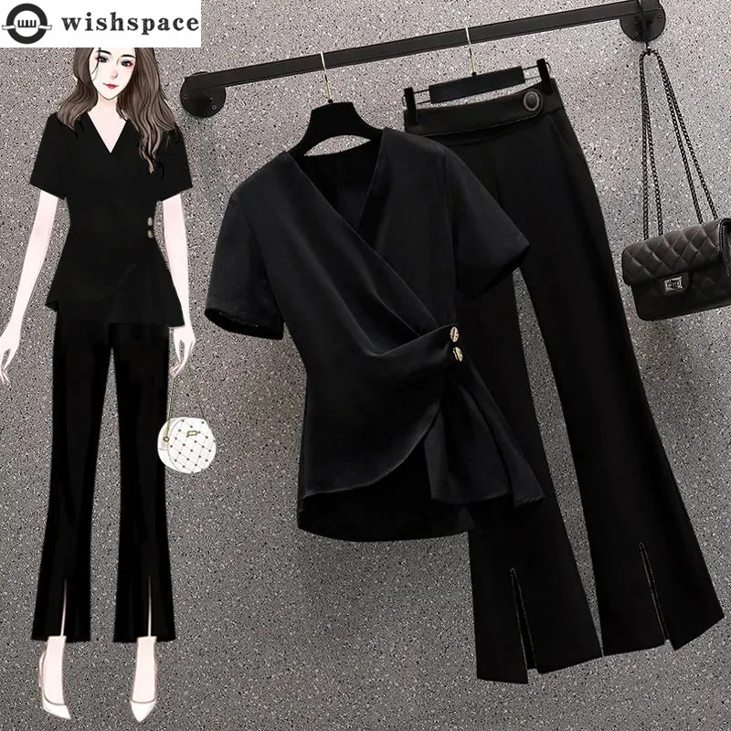 

Temperament Waist Closing Chiffon Shirt Shirt Women's Suit 2022 Summer New Large Size Fashionable Slim Pants Suit