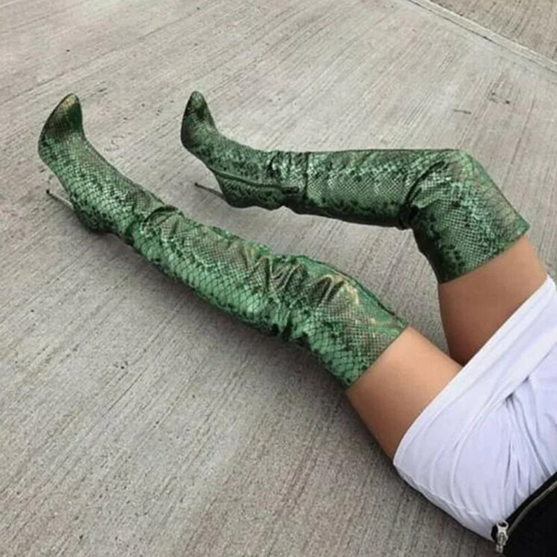بيثون مطبوعة الجلود الفخذ عالية التمهيد الجانب سستة الشتاء أحذية طويلة الأبيض جلد الثعبان الأحذية خنجر كعب مدبب تو الأحذية