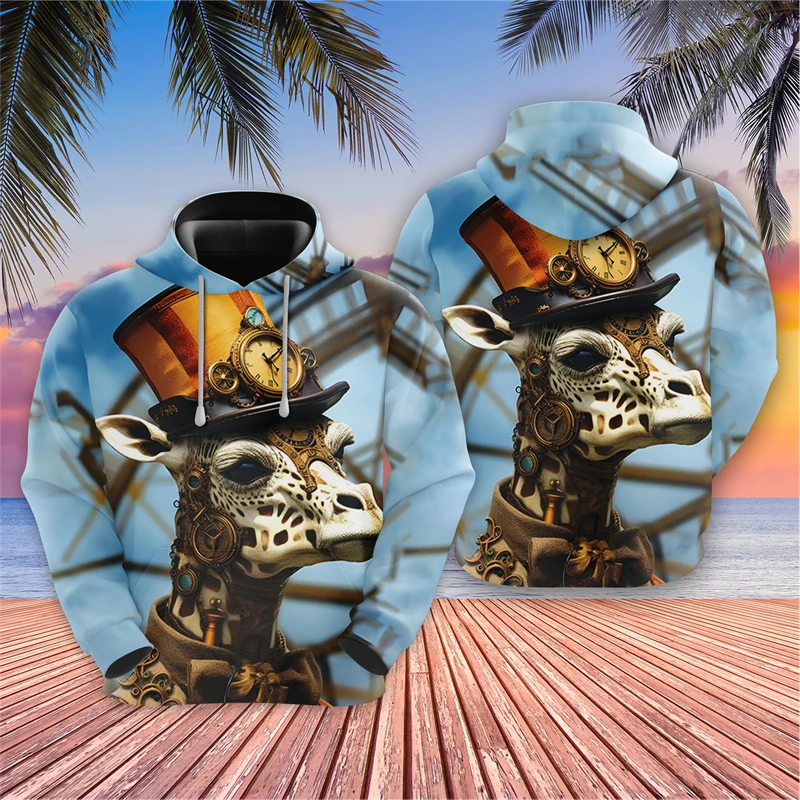 Vintage Raccoon Graphic Sweatshirts Steampunk Husky Hoodies For Men Clothes Giraffe Animal Tracksuit Hip Hop Pet Hoody Y2k Tops