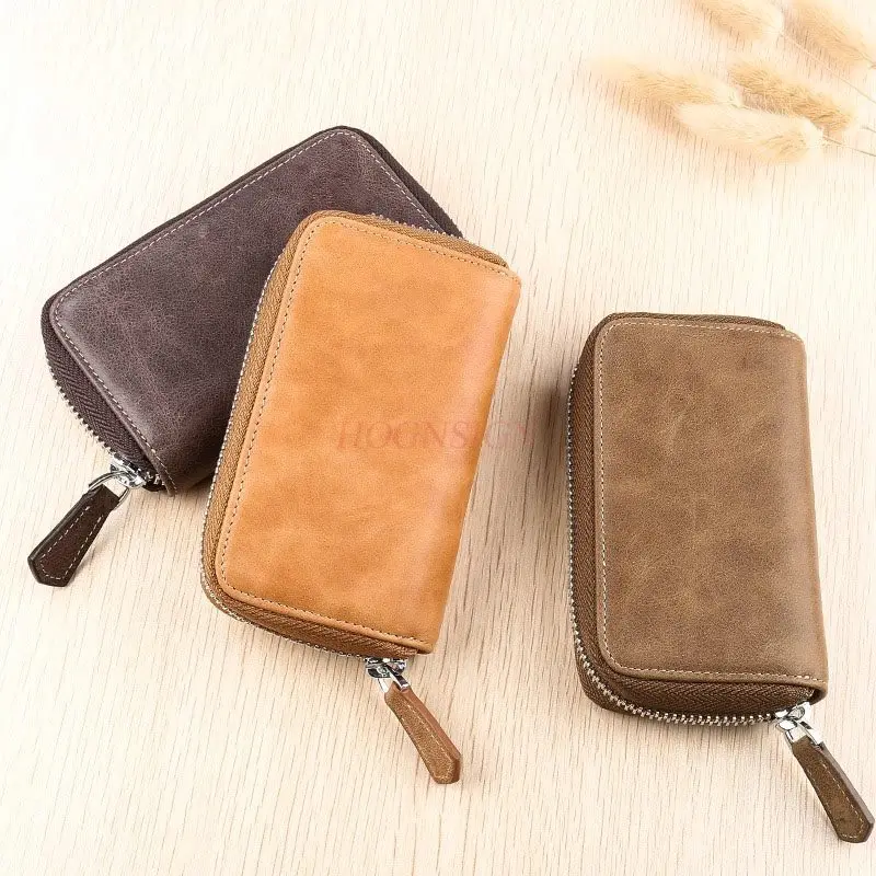 1pcs Key bag men's leather large capacity retro zipper coin purse multifunctional car lock key bag