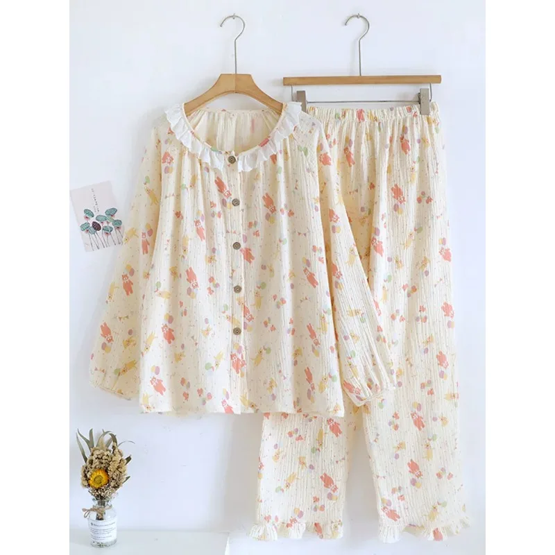 

2pcs Women's Pajama Set Cute Cartoon Style 100% Cotton Gauze Long Sleeve Loose Lightweight Soft Breathable Wearable Outside Loun