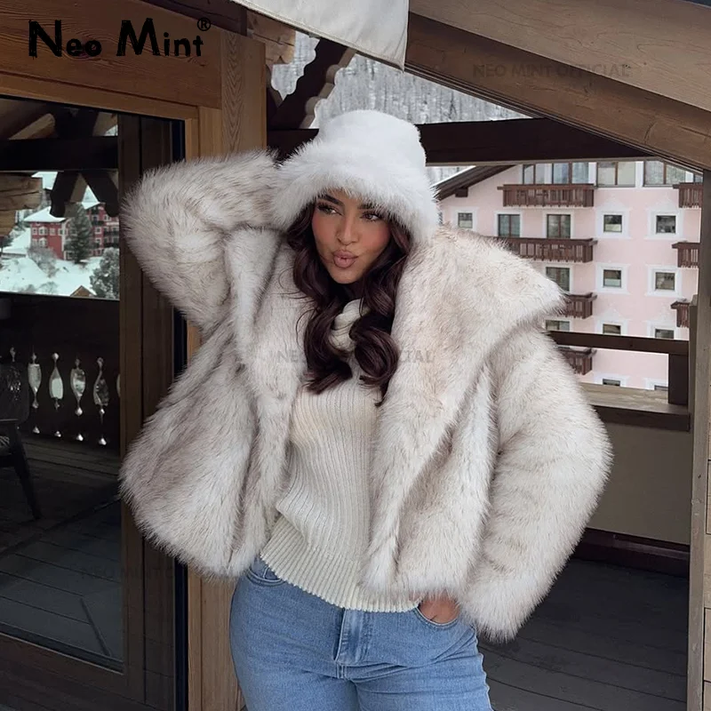 Neo Mint 2025 Autumn Winter New Gradient Big Fur Collar Jacket Cool Street Girls Fluffy Cozy Faux Fur Coat Thick Wram Outerwear