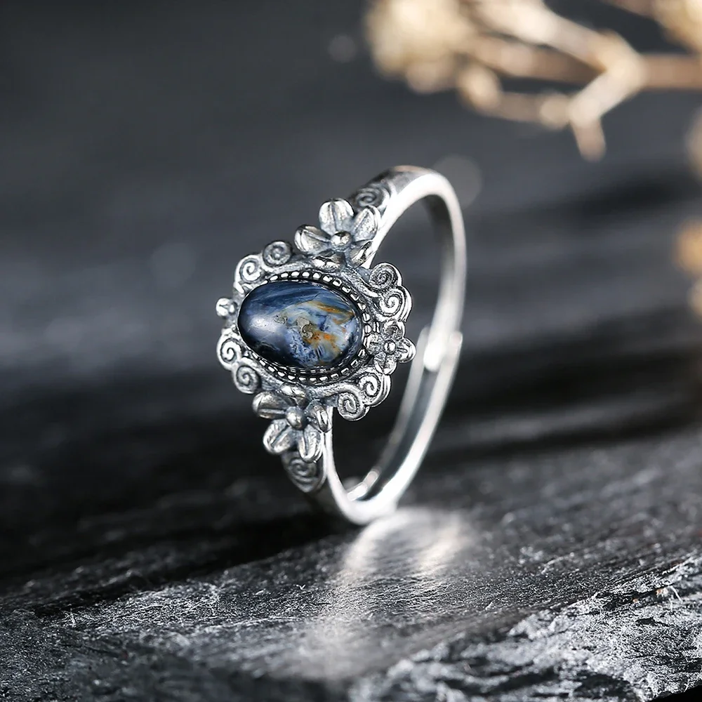 

Natural Pietersite Sterling 925 Silver Ring Flower Adjustable Bands Iridescent Gemstone Boho Jewelry Spiritual Gift for Women