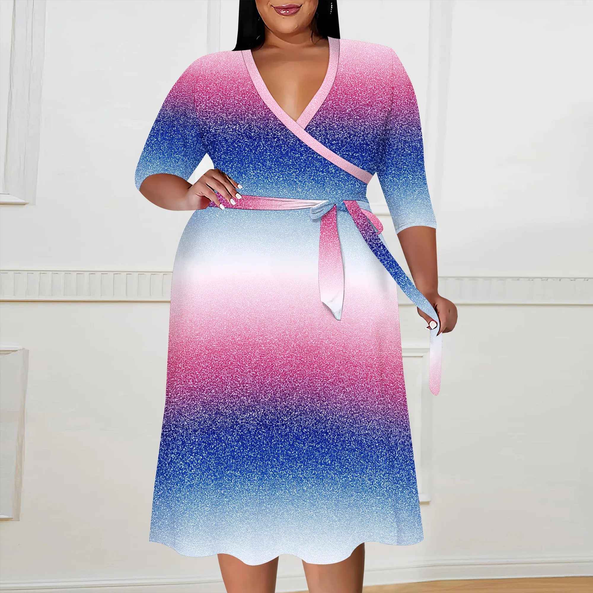 

Women's Plus Size V-Neck Wrap Midi Dress Blue Pink Ombre Shimmer Glitter Party Cocktail Holiday Celebration Dress XL-6XL