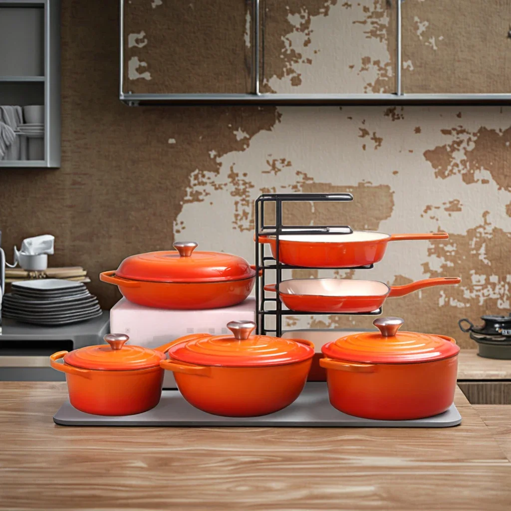 تصنيع أواني الطبخ من الحديد الزهر ما وراء 7 قطع للتخييم الكلاسيكي أفضل مجموعة أواني طهي من الحديد الزهر المطلي بالمينا