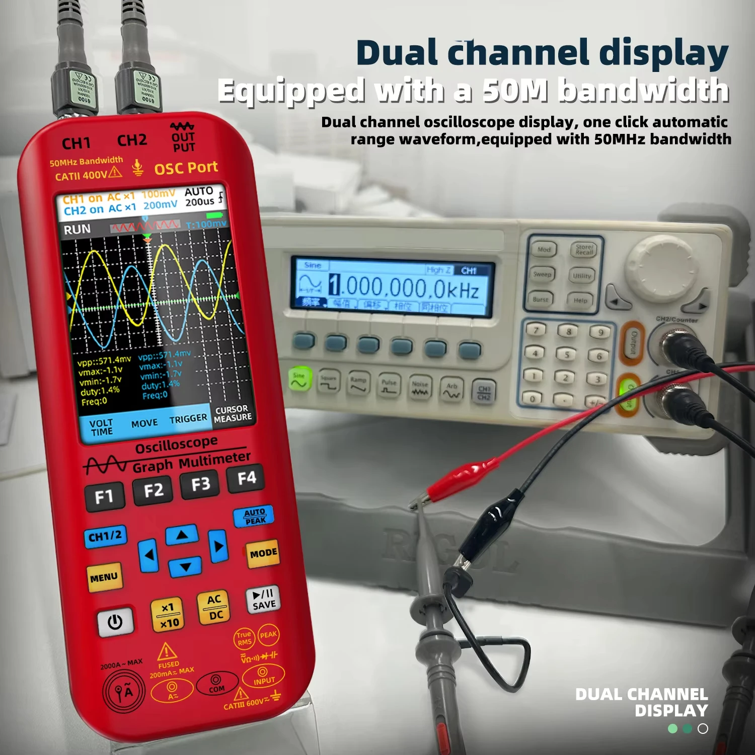 BSIDE NEW Handheld Oscilloscope Digital Multimeter+Function Signal Generator 4-IN-1 Dual Channel 50MHZ*2 280MS/s Graphic Meter