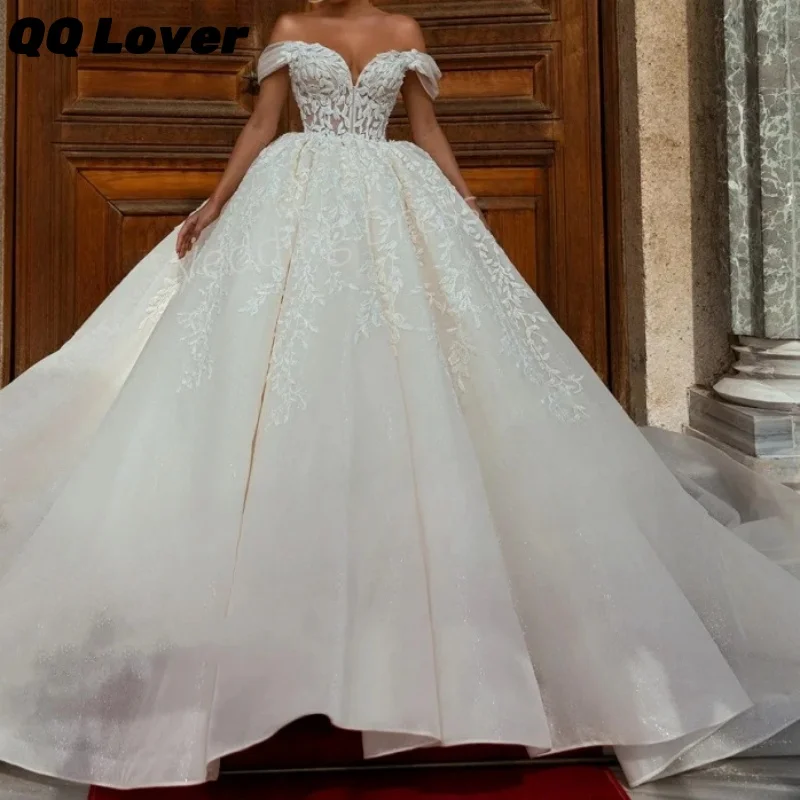 

Customized Wedding Dresses 2025 Modern Shiny Bride Gowns Off The Shoulder For Women New Court Train A-Line Princess Appliques