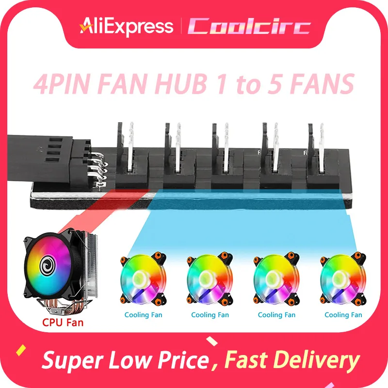 

4 PIN FAN HUB 1 to 5 FANS PC Case Cooler Extension Cable CableHub Splitter Adapter Desktop Computer Cooler Case Fans