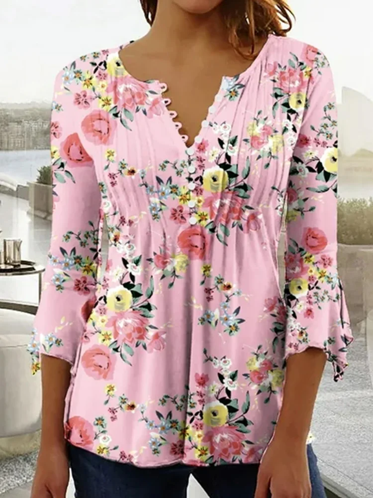 

A Simple And Fresh 3D Printed Floral Women's Figure-hugging And Waist-cinching Top, A Trendy Button Top For Urban Street Fashion