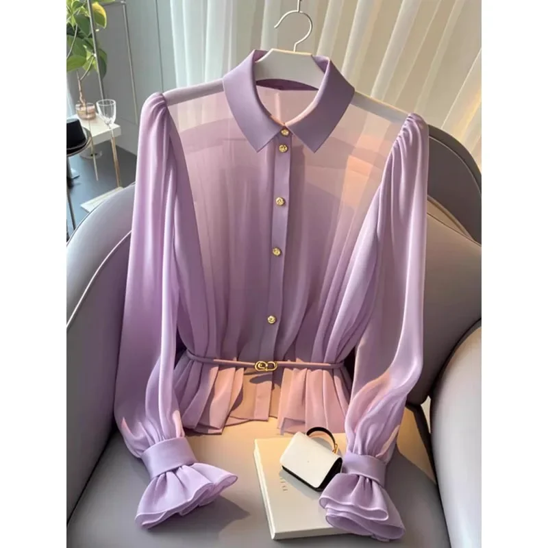 New Arrival Early Autumn Long Sleeve Chiffon Top Elegant French Style Luxury High Ji Sense Elegant Purple Lapel Chiffon Shirt Fo