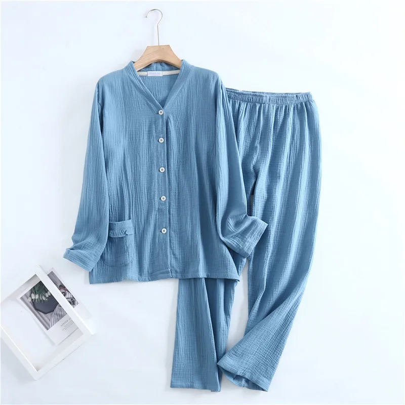 Women Washed Texture Crepe Gauze Pajamas V-Neck Long Sleeve Pants Home Suit Cotton Thin Pijama Mujer Loose and Soft Pyjamas 2pcs