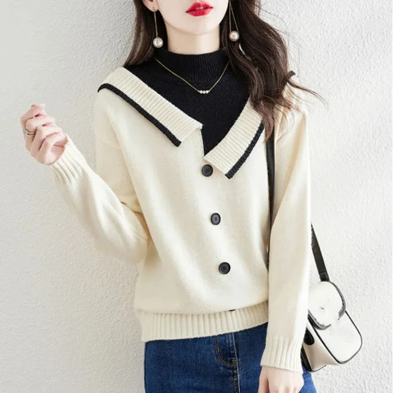 

Fashion Women Clothing Sweaters Pullovers Spring Autumn Half High Collar Fake Two Pieces Loose Casual Long Sleeve Knitted Tops