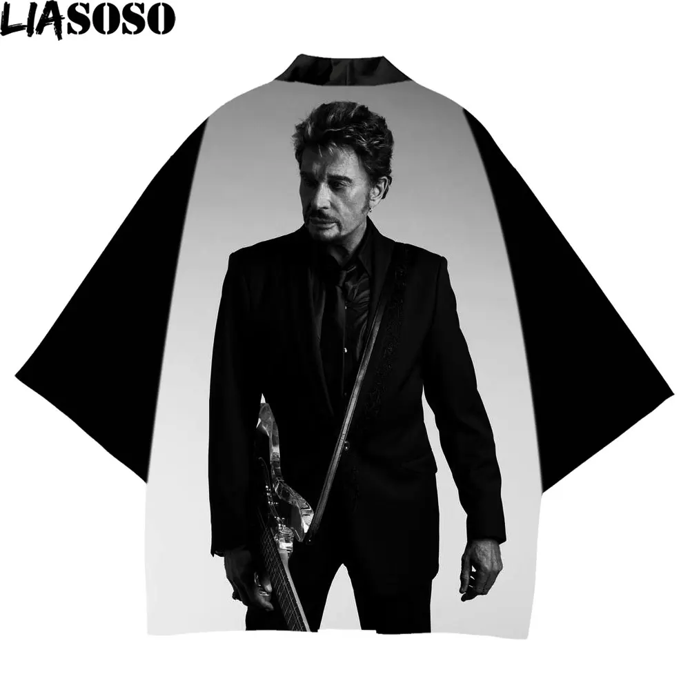 

LIASOSO Black Kimono Homme Singer Johnny Hallyday Punk Style Haori Japanese Fashion Yutaka Traditional Long Kimonos Cosplay Top