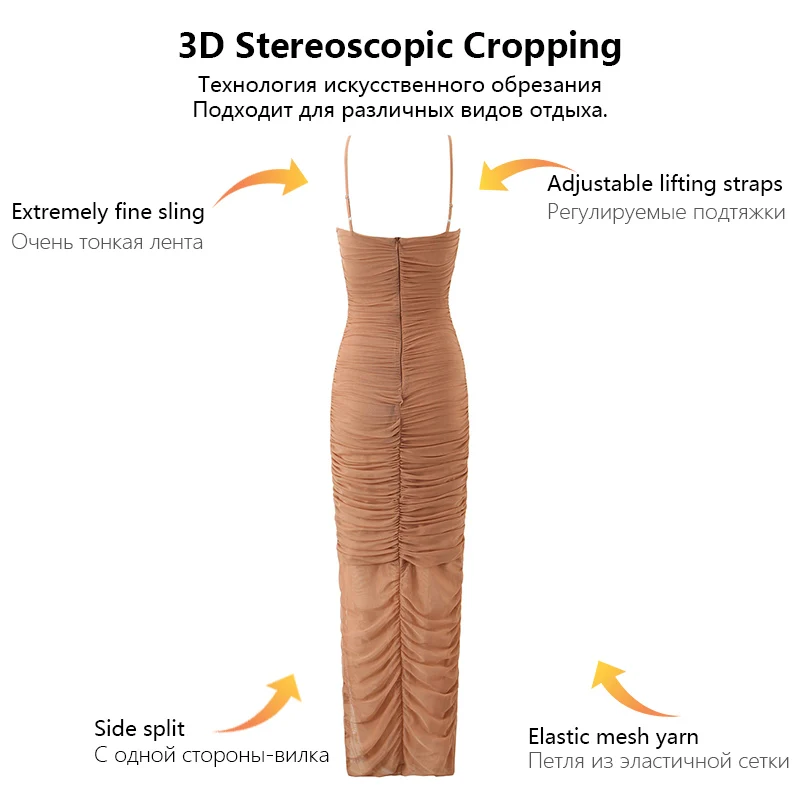 Vestido feminino malha franzido fino ajuste longo alça espaguete vestido elegante deve ter festas elegantes e banquetes noturnos