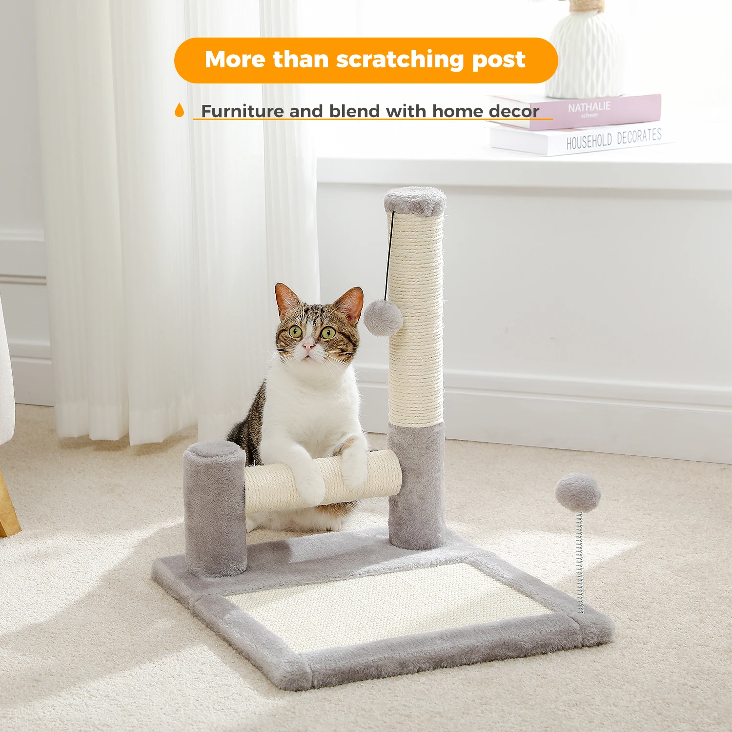 Cat Scratching Post Pad, Featuring with 2 Sisal-Covered Scratching Posts and Large Bottom Pad with Play Ball Great for Kittens