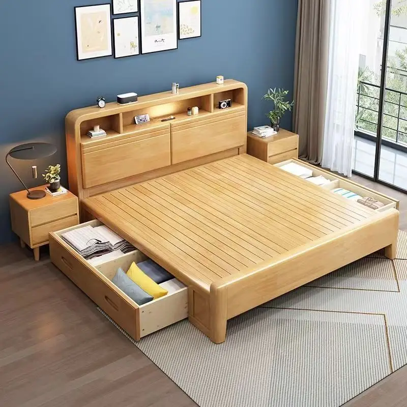 

Modern Deluxe Double Queen Bed White Solid Wood Platform Bed Storage Head Bedroom Furniture Set
