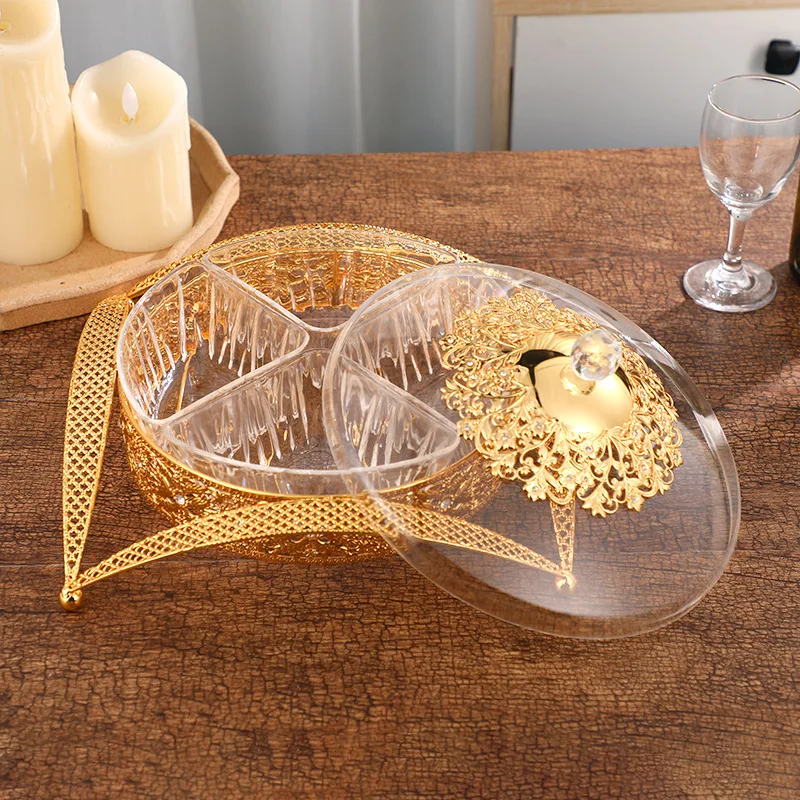 HYS European Creative Acrylic Fruit Plate Gold Hollow Decorative Dried Fruit Box Snack Fruit Dried Platter with Lid