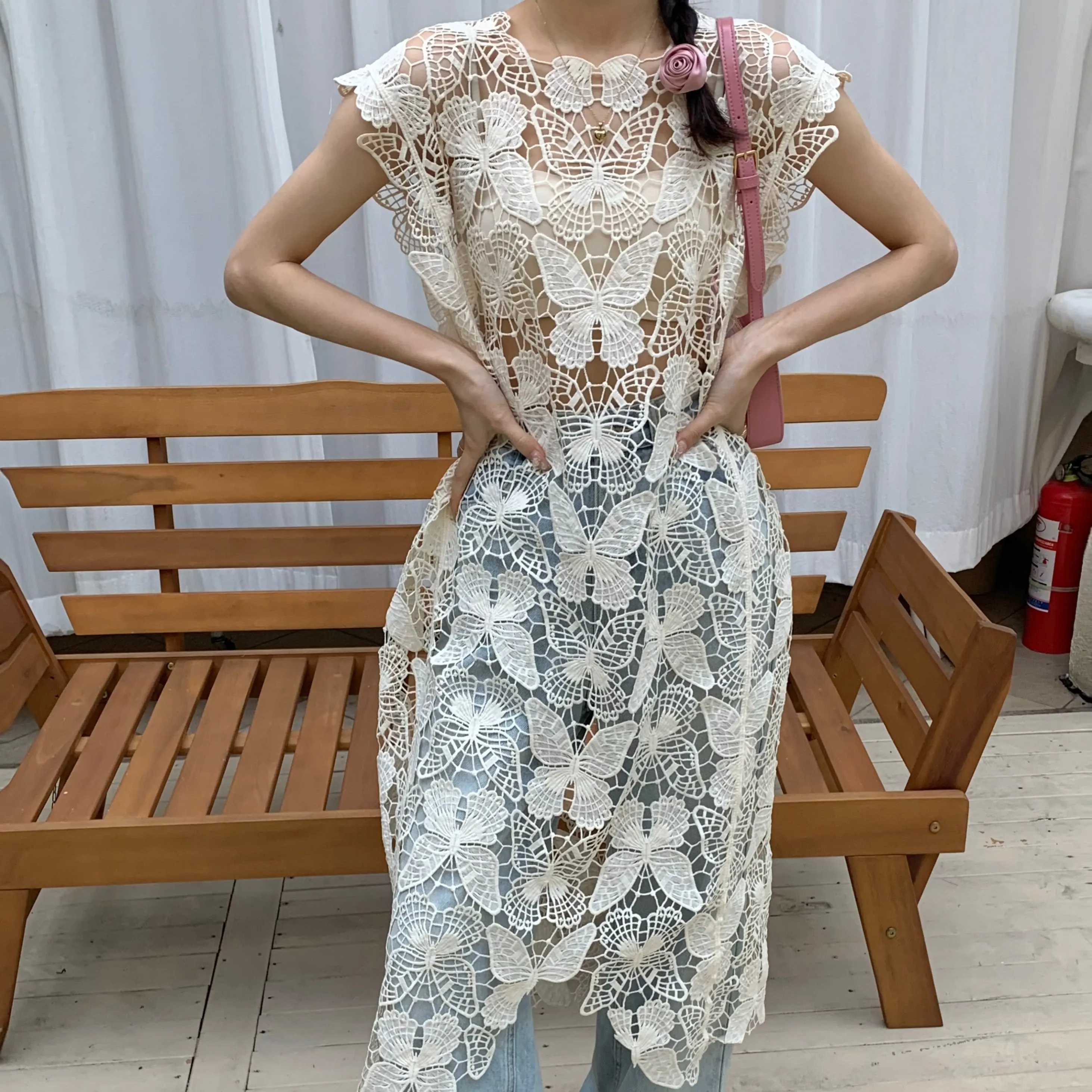 

2024 Korean Fashion Summer Round Neck Hollowed Out Lace Long Dress Women Vintage Asymmetric Embroidery Butterfly Vestidos X1205