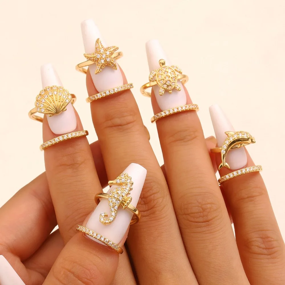 New Stainless Steel Full Inlay Zircon Seahorse Starfish Turtle Dolphin Open Nail Rings for Women Exquisite Nail Art Ring Jewelry