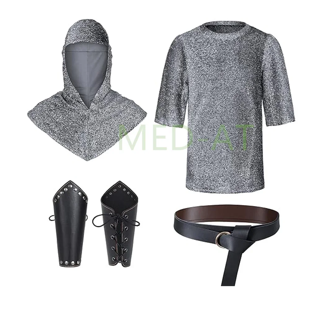 Medieval  Cosplay Fake Chain Mail SHirt Renaissance Armor Tunic Coif Knight Cowl Crusader Costume Bracers Waist Belt Set view 3