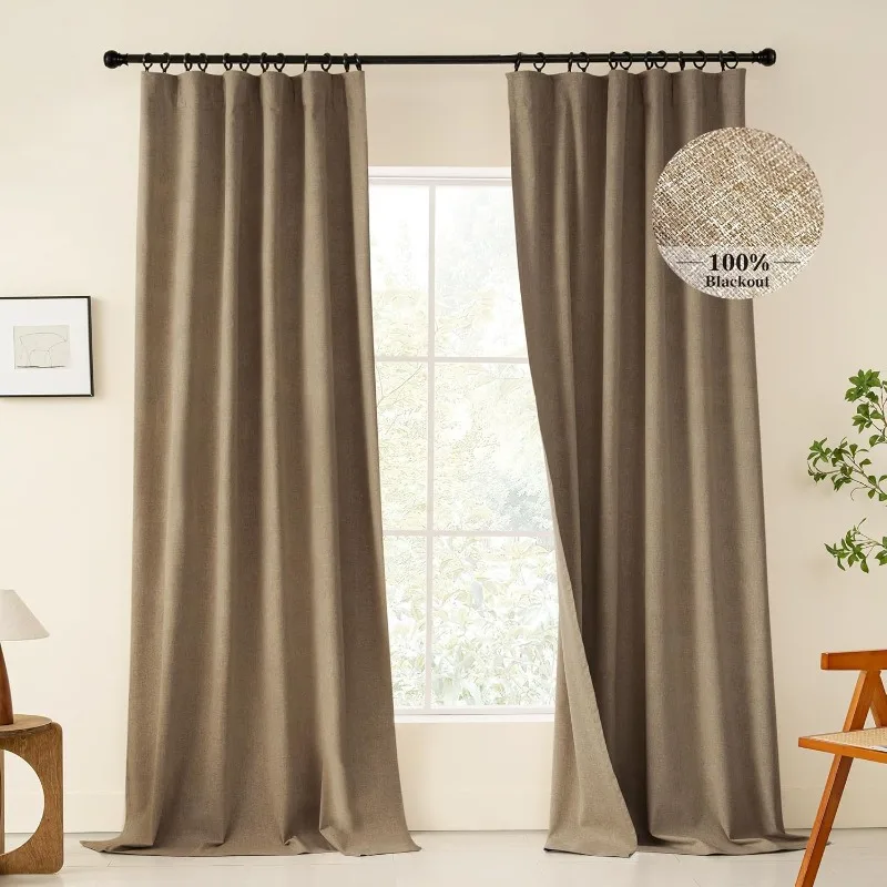 100% Blackout Linen Curtains 108 Inches Long for Living Room 2 Panels Set, Thermal Tan Drapes Back Tab Loop Pocket