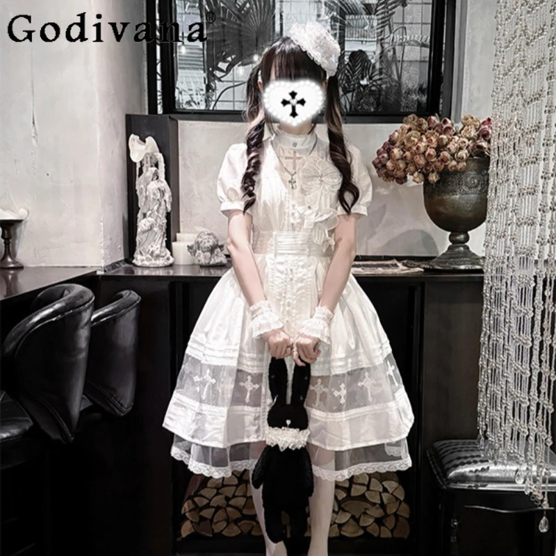 

White Gothic Style Stand Collar Dress for Women Short Sleeve Lolita OP Dress Female Short Waist Slimming Elegant Dress