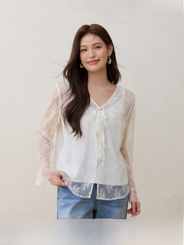 

Женская шифоновая блузка с V-образным вырезом и цветочным узором, приталенная, в корейском стиле, с длинным рукавом, весенняя новинка, большие размеры, для ношения под одеждой