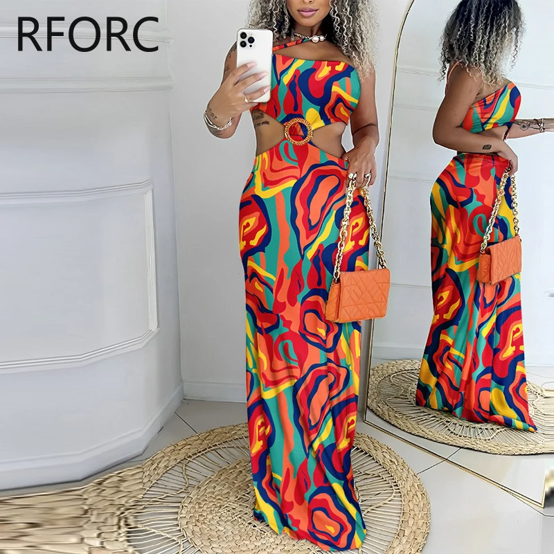 2024 Women All Over Print Midriff O-ring Decoration Maxi Casual Vacation Party Dress