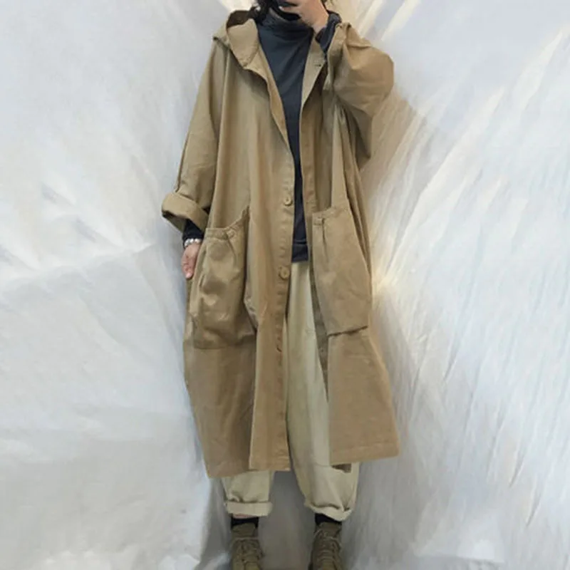 Trench Women Hooded 3 Colors Pockets Loose Spring Cargo Minimalist Popular Couple Japan Style Street Outerwear Ins Leisure 2021