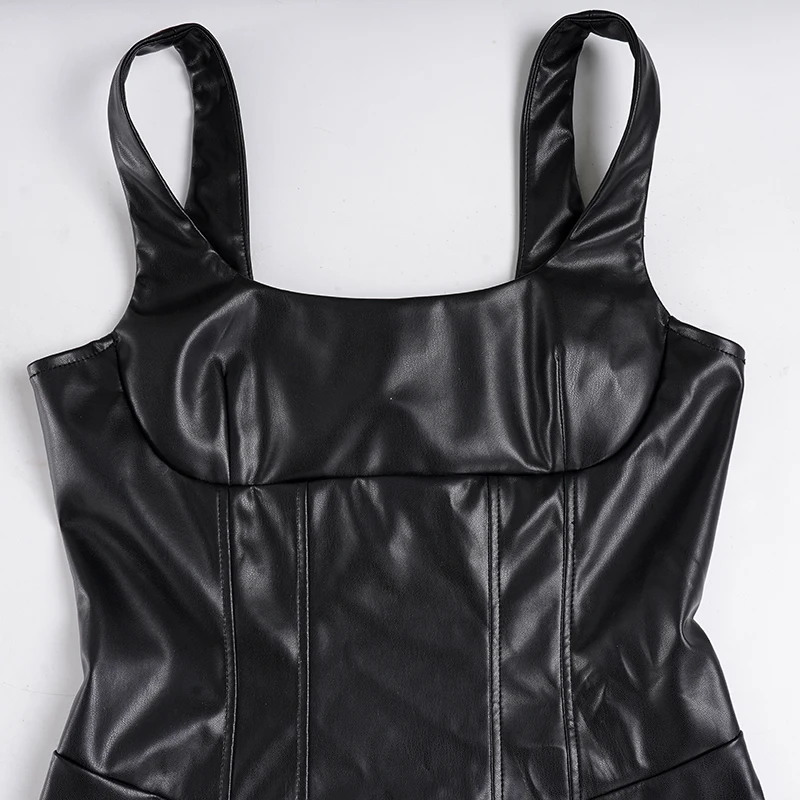 クラブウェア PUレザー スプリット ボディコン ドレス パーティー セクシー スリム スクエアカラー ノースリーブ マキシドレス レディース 2025 夏 ファッション