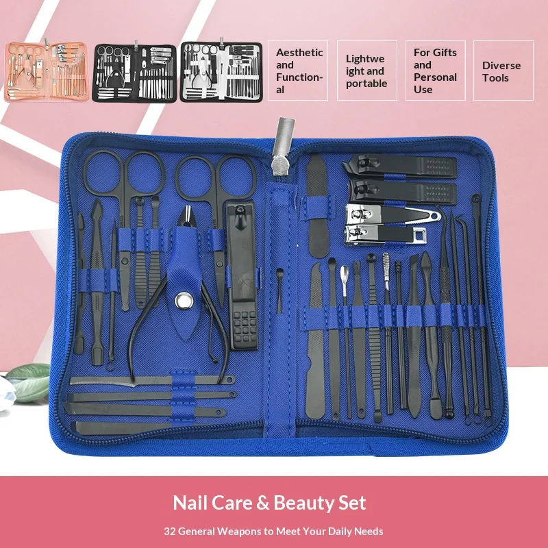 مجموعة أدوات قص الأظافر وتلميع الأظافر من الفولاذ المقاوم للصدأ - مجموعة أدوات تشذيب الأظافر مكونة من 32 قطعة مع مقصات أظافر وملفات أظافر