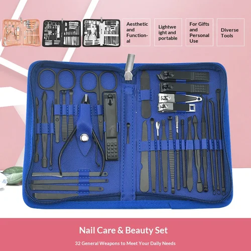 Kit de cortaúñas y esmalte de acero inoxidable, juego de herramientas para recortar uñas de 32 piezas con cortaúñas y limas de uñas