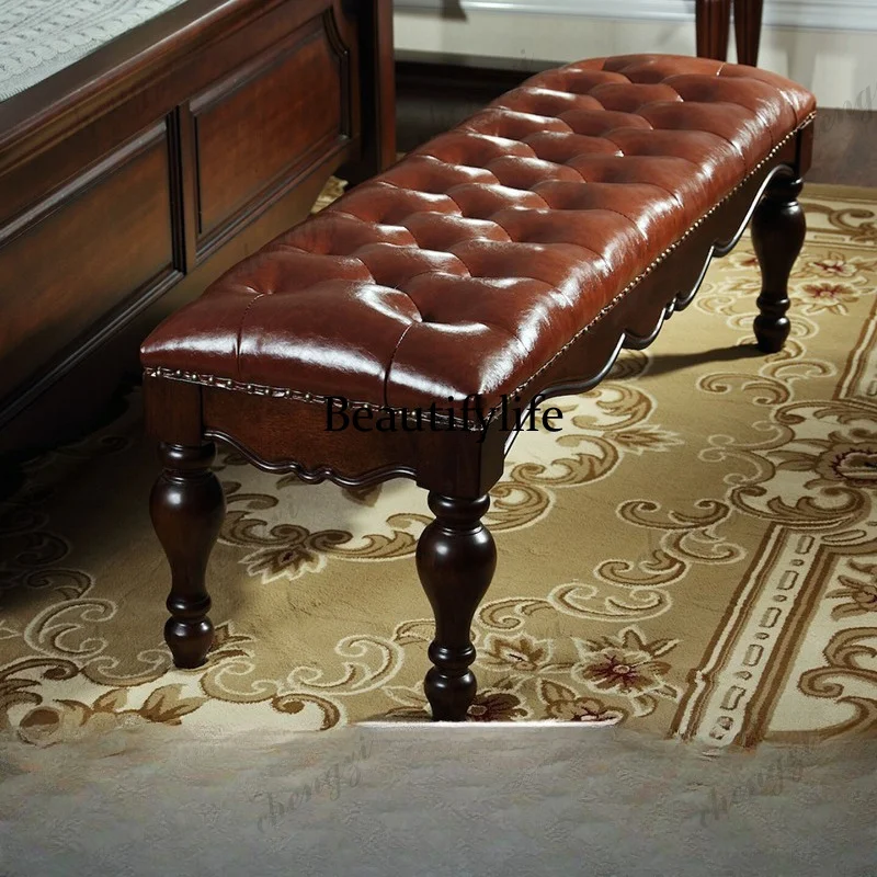 Simple American bedside stool bedroom walnut leather solid wood bedside shoe stool bed