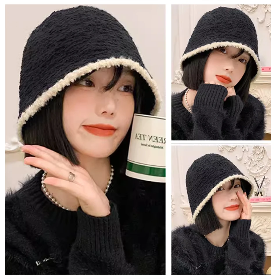 Synthetic hat wig female short straight hair warm soft knit autumn and winter hat heat-resistant wig suitable for women to wear.