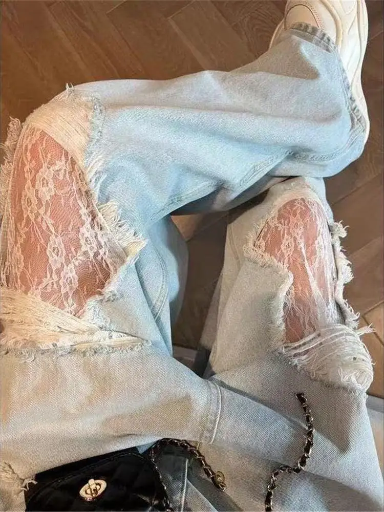 Cintura alta renda retalhos buraco denim perna reta design versátil nova faion solta calças de perna larga para mulher