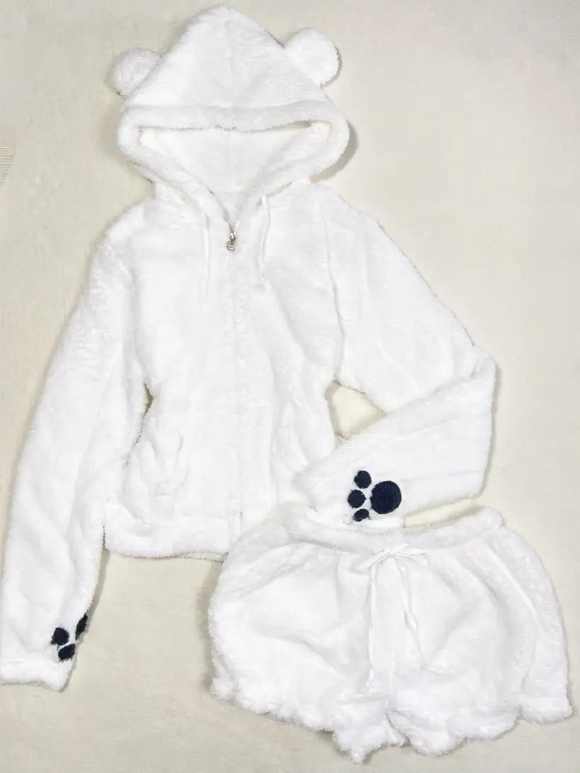 Kimotimo Autumn Winter Sweet Cute Bear Ears Hooded Sweatshirt Warm Shorts Two Piece Set Women Casual Loungewear Tracksuit