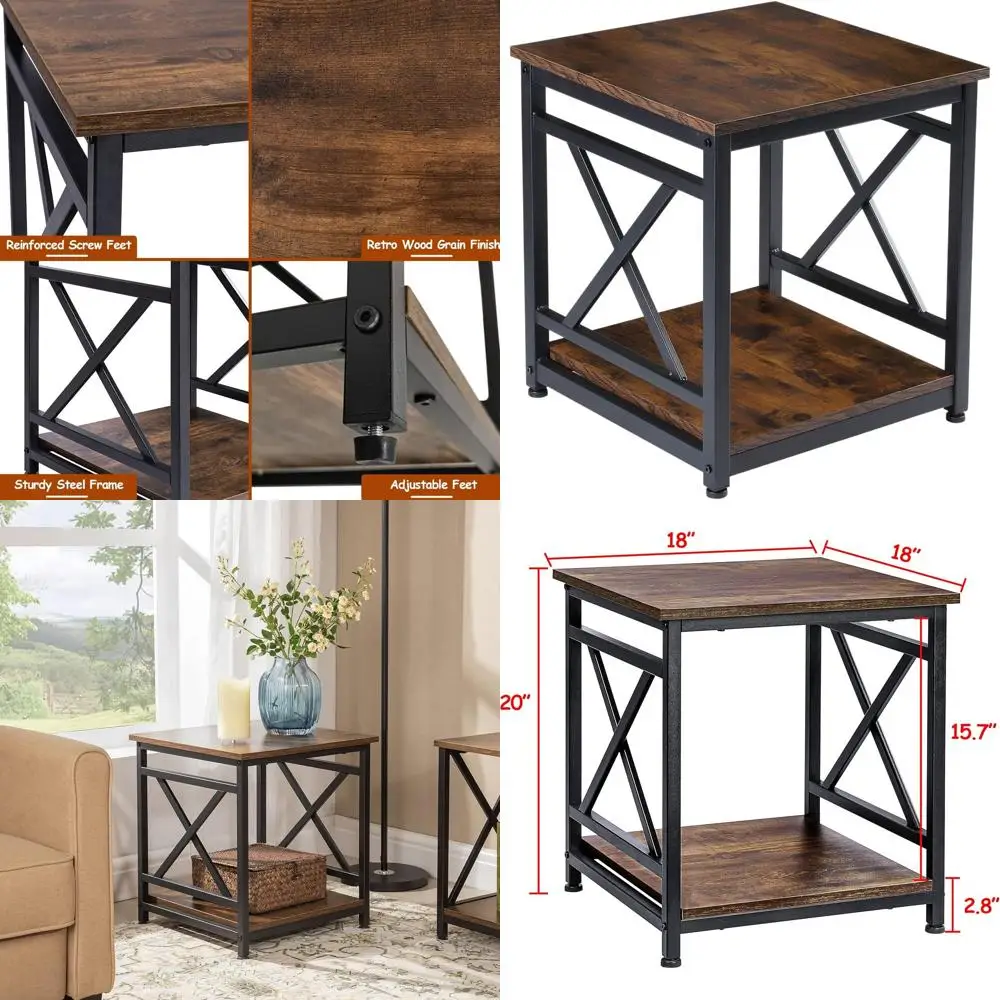 

Two-Tier Industrial Style Storage End Table, 18 Square Rustic Brown Nightstand for Living Room & Bedroom