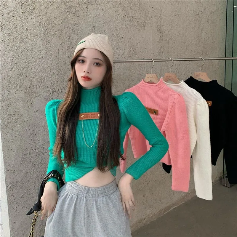 

Fdfklak Autumn Winter New Half High Neck Sweater Pullovers Short Tops Korea Fashion Knitted Jumper Femme Slim Solid Blouse Pink