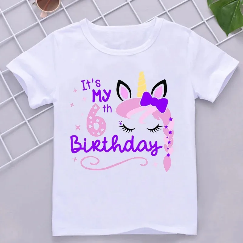 Kawaii Unicorn Face Eyelashes Number Tshirt It\'s My 3-9th Birthday T Shirt Kids Clothes Girl T-Shirt Short Sleeve T-Shirts